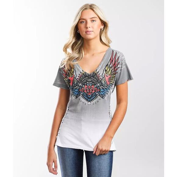 NEW Affliction Black Label Tribal Fire T-Shirt Size Large - Picture 1 of 8